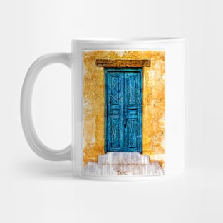 Vintage Old Blue Wooden Door And Yellow Wall Mug